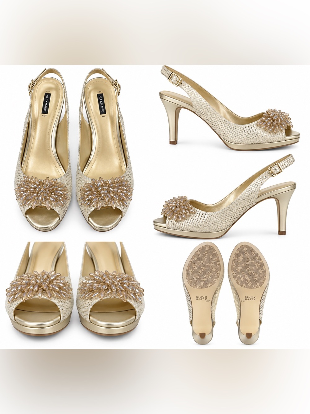 Alex Marie Gold Jeweled Peep-Toe Slingback Heels